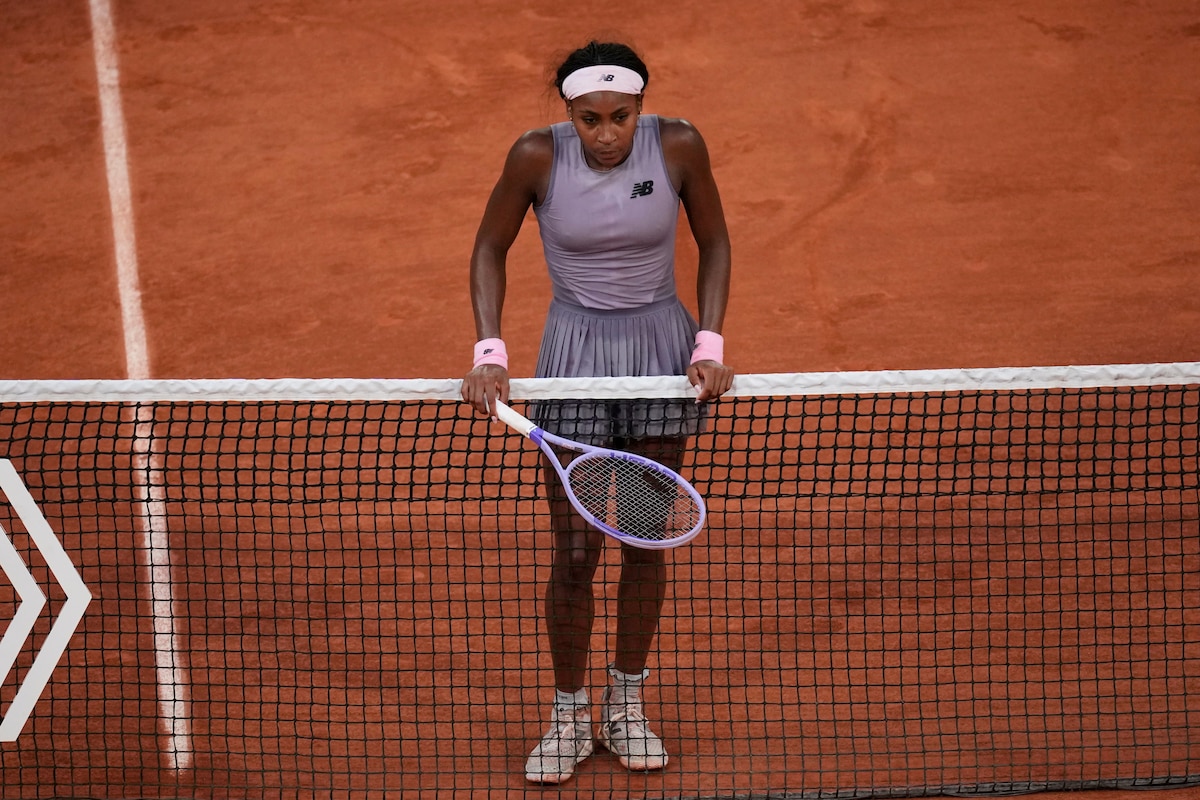 Coco Gauff of the U.S. reacts after the third round women's singles tennis match against Anastasia Potapova of Austria at the French Open tennis tournament in Paris, Saturday, May 30, 2026. (AP Photo/Christophe Ena)