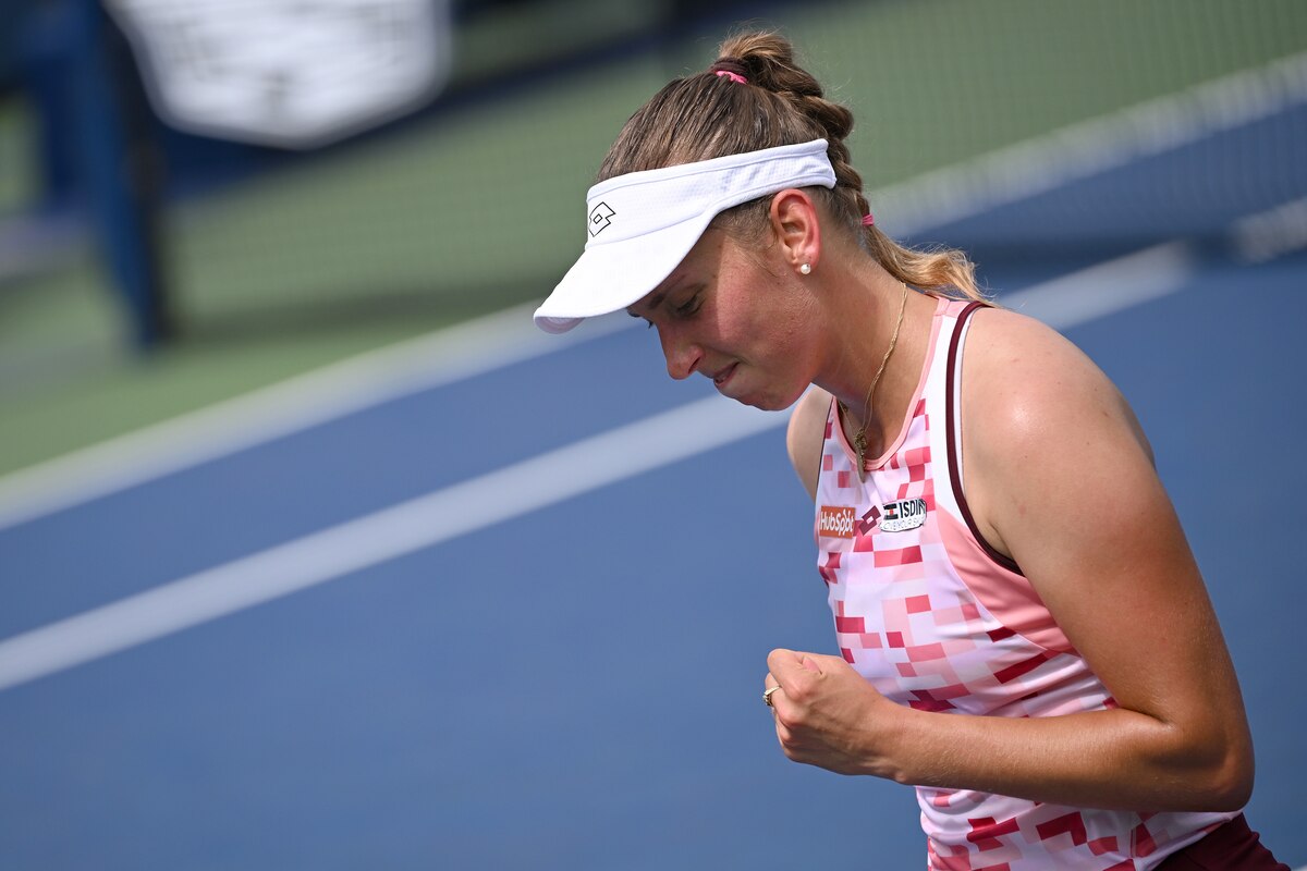 Elise Mertens of Belgium reacts as she plays against Aija Tomljanovic of Australia during the Women's Single's round two of the U.S. Open tennis tournament at USTA Billie Jean King National Tennis Center, New York, NY, August 28, 2024. (Photo by Anthony Behar/Sipa USA)