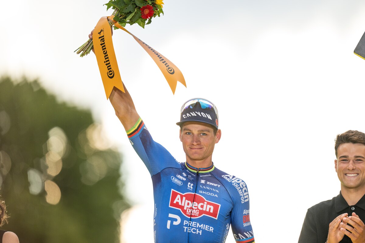 Dutch Mathieu van der Poel of Alpecin-Premier Tech pictured on the podium after stage 21 of the 2026 Tour de France cycling race, a stage of 130km from Thoiry to Paris Champs-Elysees , on Sunday 26 July 2026. The 113th edition of the Tour de France starts on Saturday 4 July in Barcelona, Spain, and will finish in Paris, France on the 26th of July. BELGA PHOTO DAVID PINTENS