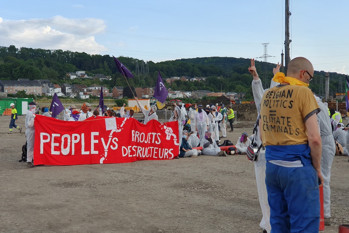 a 'Code Red' protest action in Flemalle, Wednesday 05 July 2023. The action marks the start of a massive action of civil disobedience from 05 to 09 July by the Code Red (Code Rood - Code Rouge) citizen movement at several locations managed by Engie.
BELGA PHOTO LAURENT CAVENATI