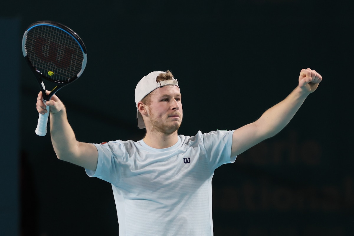 Belgian Gauthier Onclin celebrates after winning a tennis match between Belgian Onclin and French Humbert, Wednesday 25 January 2023 in Louvain-la-Neuve, in the first round of the men's singles at the BW Open ATP Challenger tournament.
BELGA PHOTO BENOIT DOPPAGNE
