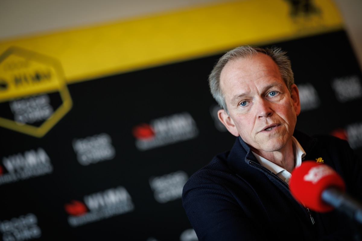 Team Visma-Lease a Bike general manager Richard Plugge pictured during a press conference of the Visma - Lease a Bike cycling team, to discuss this weekend's one-day cycling race Omloop Het Nieuwsblad, the opening race of the Flemish classic one day races season, Thursday 26 February 2026 in Deerlijk. BELGA PHOTO KURT DESPLENTER