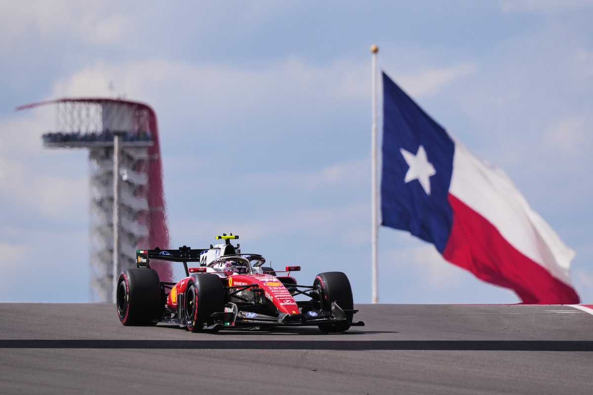 Ferrari driver Lewis Hamilton of Britain steers his car into a turn during the third practice session for the Formula One United States Grand Prix auto race in Austin, Texas, Saturday, Oct. 24, 2026. (AP Photo/Eric Gay)