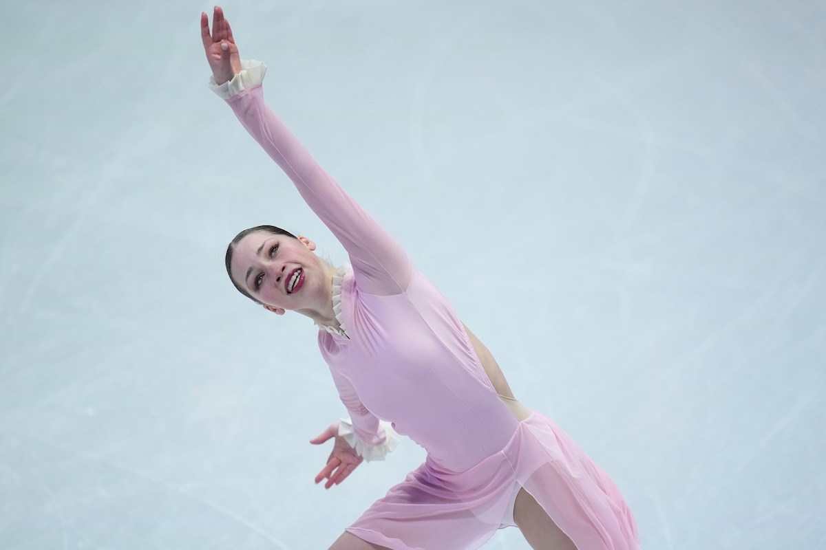 Nina Pinzarrone from Belgium skates during the women¥s short program at the Figure Skating World Championships in Prague, Czech Republic, Wednesday, March 25, 2026. (AP Photo/Petr David Josek)