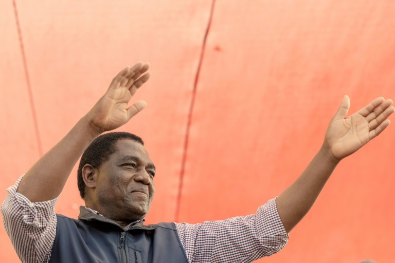 <p>Hakainde Hichilema, lors d'un meeting électoral à Lusaka, le 11 août 2026</p>