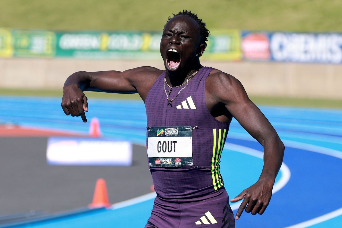 Australia�s Gout Gout reacts after winning the men�s 200M final at the Australian Athletics Championships in Sydney on April 12, 2026. (Photo by DAVID GRAY / AFP) / -- IMAGE RESTRICTED TO EDITORIAL USE - STRICTLY NO COMMERCIAL USE --
