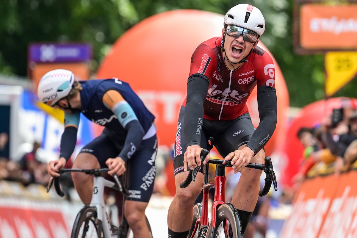 Belgian Arnaud De Lie of Lotto-Intermarche celebrates as he crosses the finish line to win the fourth stage of the Tour De Wallonie cycling race, from Dison to Eupen (166,7 km), on Thursday 04 June 2026. BELGA PHOTO DAVID PINTENS