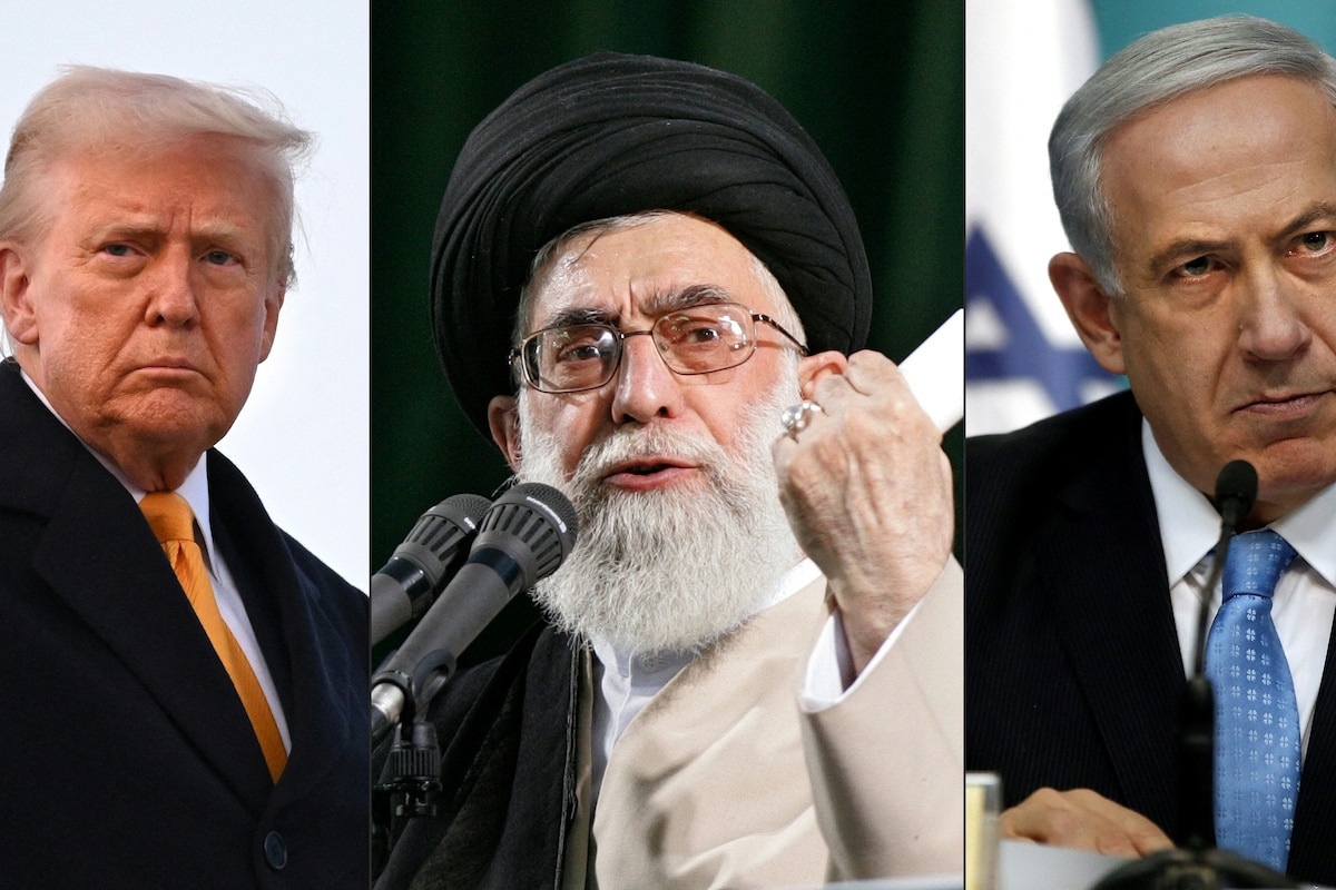 (FILES) This combination of pictures created on June 18, 2025 shows: US President Donald Trump pumping his fist as he boards Air Force One at Joint Base Andrews in Maryland on March 7, 2025; Iran's supreme leader Ayatollah Ali Khamenei delivering a speech in Tehran on June 4, 2007; Israeli Prime Minister Benjamin Netanyahu gesturing as he delivers a speech in Jerusalem on August 27, 2014. The UN nuclear watchdog said Israeli strikes on June 18 destroyed two buildings making centrifuge components for Iran's nuclear programme near Tehran, while Iran said it fired hypersonic missiles as the arch foes traded fire for a sixth day. Hours after US President Donald Trump demanded Iran's surrender, supreme leader Ayatollah Ali Khamenei vowed his country would show "no mercy" towards Israel's leadership. (Photo by AFP)
