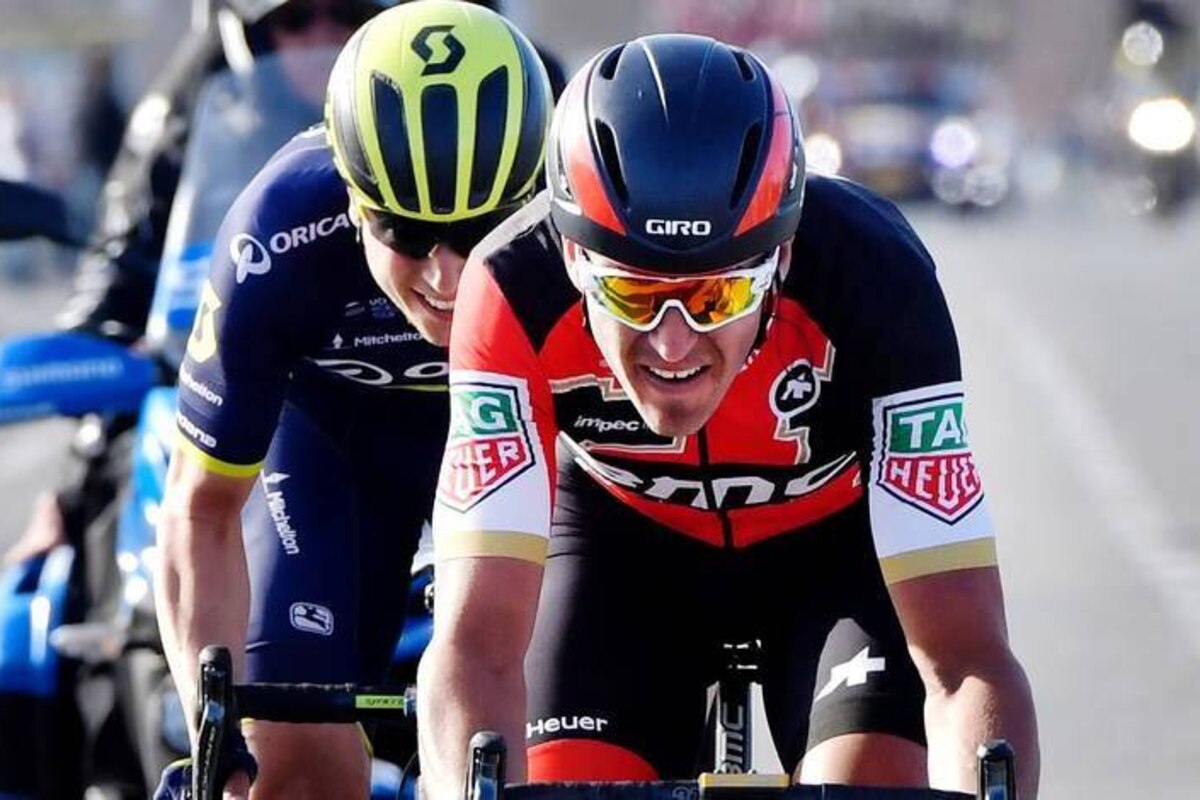 Belgian Jens Keukeleire of Orica Scott and Belgian Greg Van Avermaet of BMC Racing Team pictured in action during the 79th edition of the Gent-Wevelgem one day cycling race, 249 km from Deinze to Wevelgem, Sunday 26 March 2017. BELGA PHOTO POOL PETER DE VOECHT