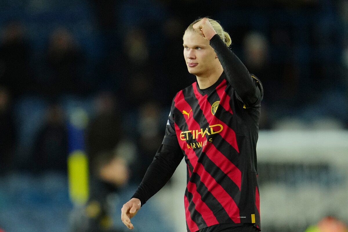 Manchester City's Erling Haaland reacts after the English Premier League soccer match between Leeds United and Manchester City, at Elland Road Stadium in Leeds, England, Wednesday, Dec. 28, 2022. (AP Photo/Jon Super)
