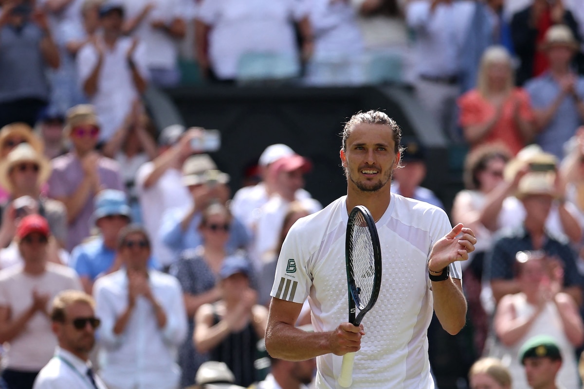 Germany's Alexander Zverev celebrates winning against Britain's Arthur Fery during their men's singles semi-final tennis match on the twelfth day of the 2026 Wimbledon Championships at The All England Lawn Tennis and Croquet Club in Wimbledon, southwest London, on July 10, 2026. (Photo by Henry NICHOLLS / AFP) / RESTRICTED TO EDITORIAL USE