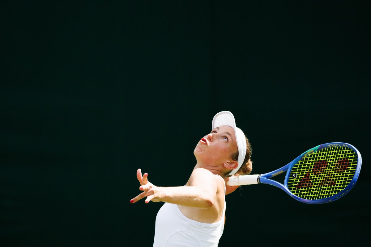 Belgian Elise Mertens pictured in action during a training session at the 2025 Wimbledon grand slam tennis tournament at the All England Tennis Club, in south-west London, Britain, Saturday 28 June 2025. BELGA PHOTO BENOIT DOPPAGNE