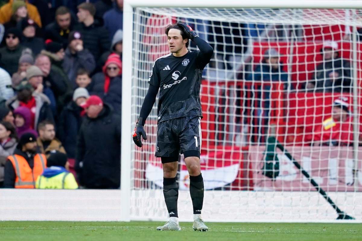 Manchester United's goalkeeper Senne Lammens reacts during the English Premier League soccer match between Manchester United and Bournemouth in Manchester, England, Sunday, Oct. 25, 2026. (AP Photo/Dave Thompson)