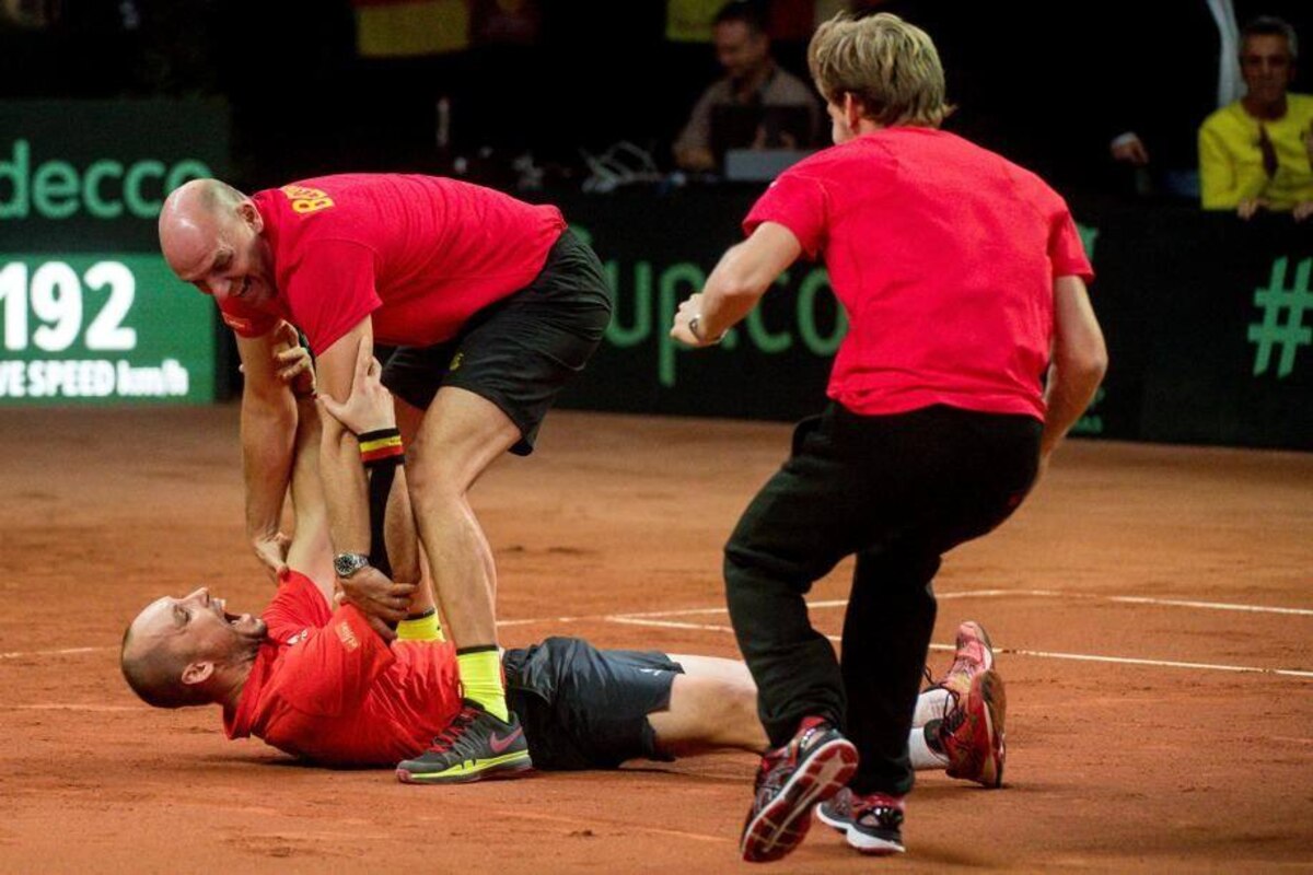 Belgium , Brussels , Sep 17 , 2017 - Davis Cup World Group semi-final between Belgium and Australia, between Belgian Steve Darcis and Australian Jordan Thompson - Steve Darcis , Johan Van Herck & David Goffin Copyright Danny Gys / Reporters Reporters / GYS